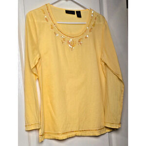 Relativity Women's Casual Yellow Sequin Trim Top Long Sleeve Scoop Neck Size M